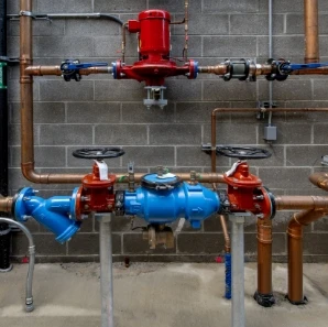 Commercial plumbing pipes and backflow preventer valves mounted on a concrete wall.