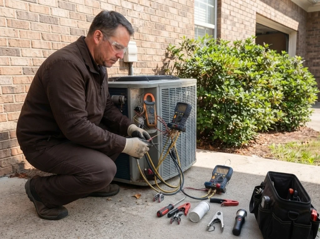 Marietta HVAC technician diagnosing an AC failure during extreme heat