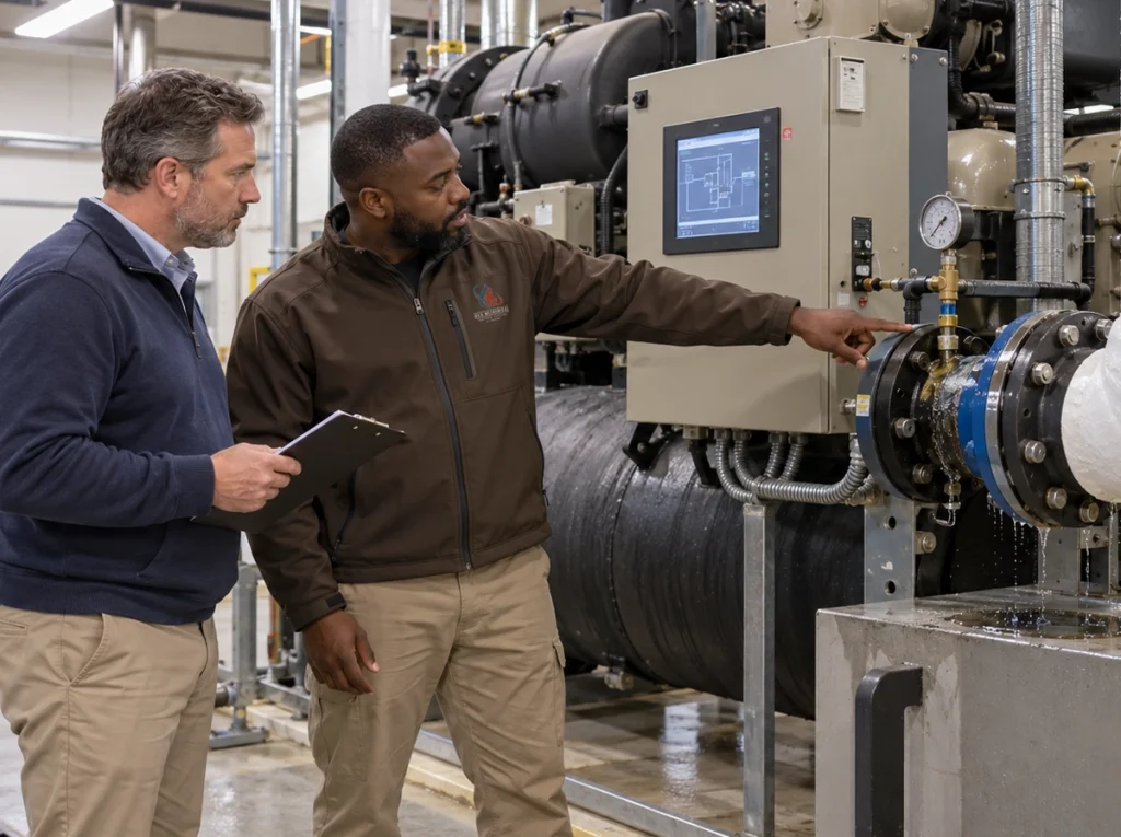Facility manager reviewing chiller warning signs with HVAC technician in Austell