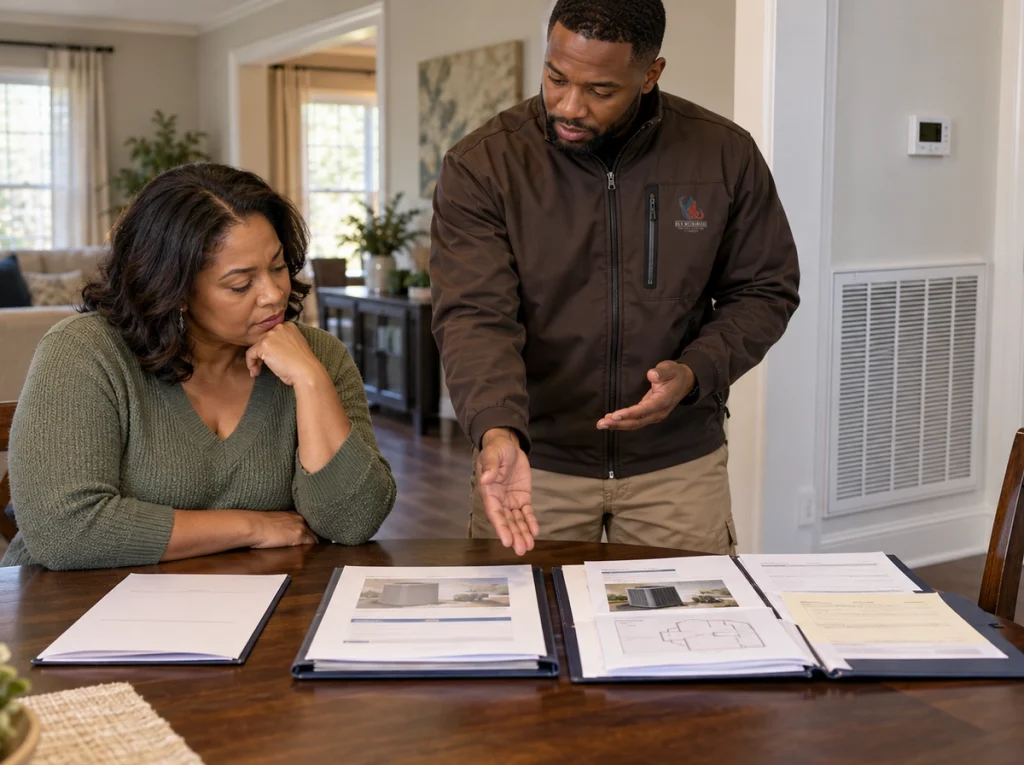 Austell homeowner comparing HVAC replacement estimates with technician