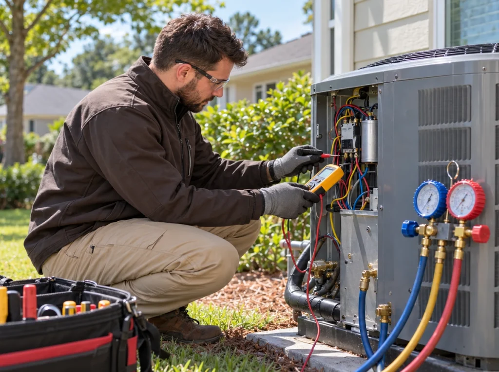 HVAC technician diagnosing residential AC system in Austell GA