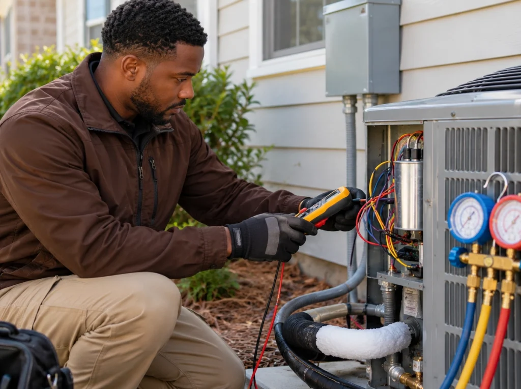 HVAC technician diagnosing AC problems before breakdown in Austell GA