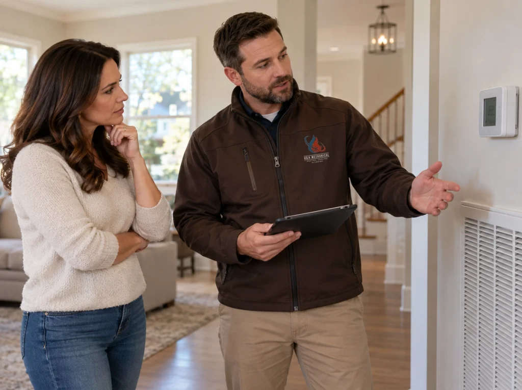 Austell homeowner discussing HVAC replacement warning signs with technician