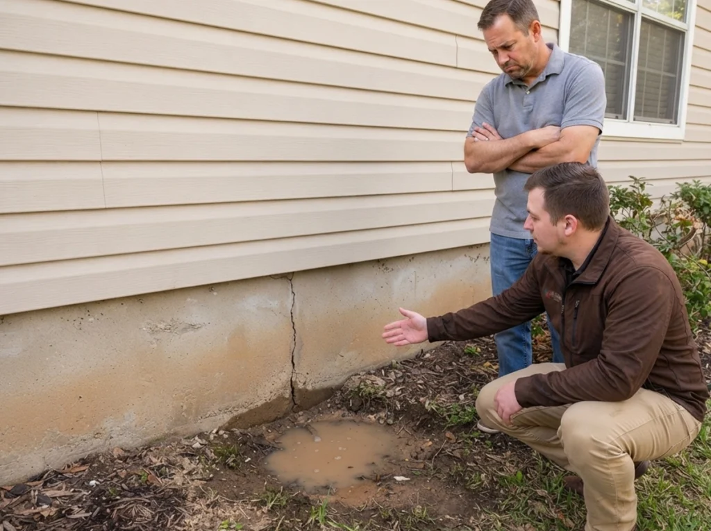 H&H plumber showing the homeowner a crack in the foundation that's leaking water.