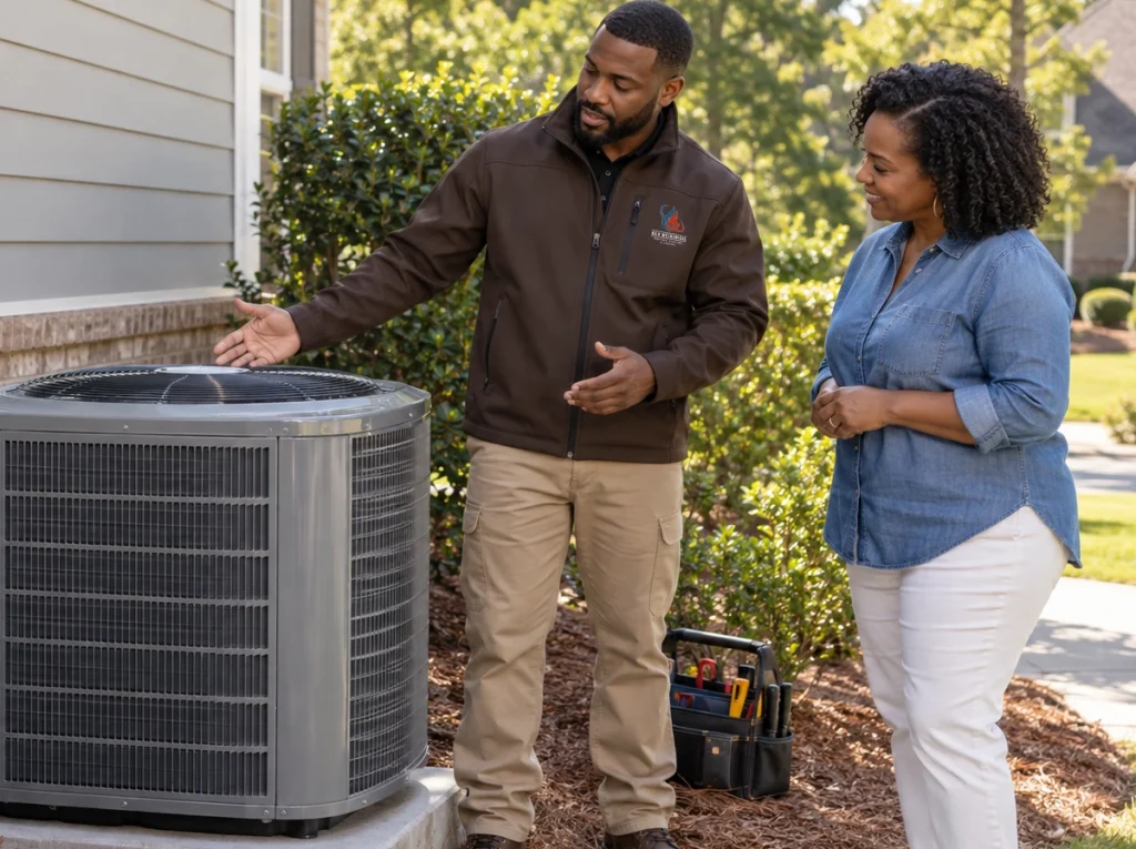 Austell homeowner reviewing newly installed AC system with technician