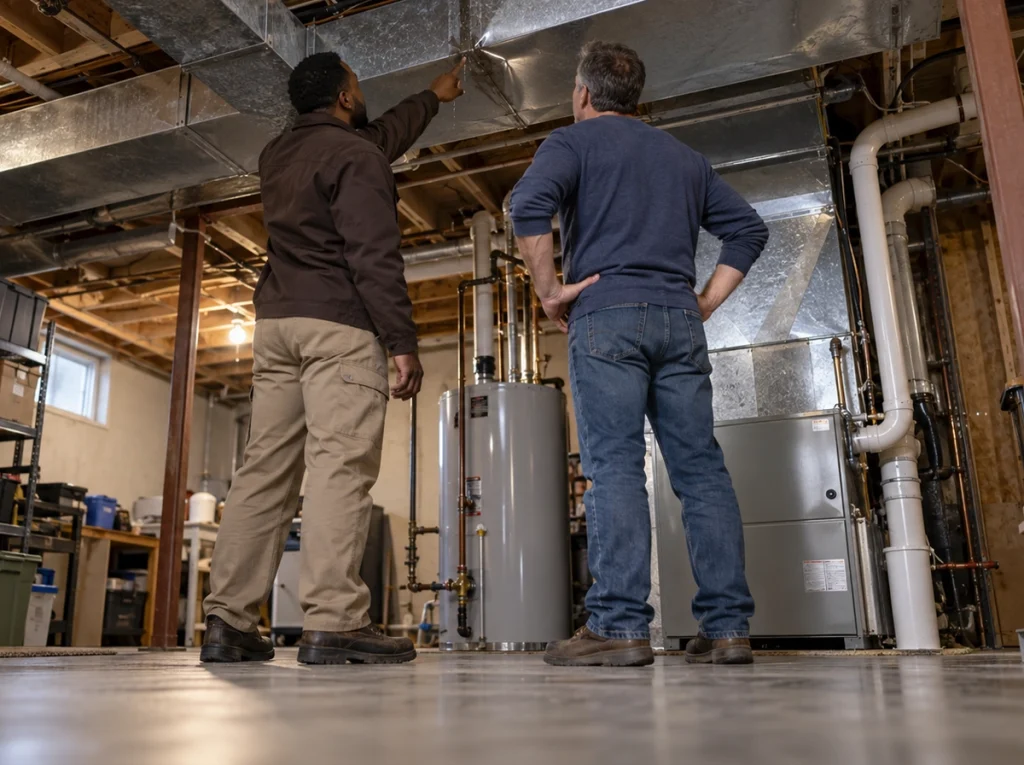 An HVAC technician showing a homeowner the dent in his ductwork that is leaking and creating uneven temperatures.