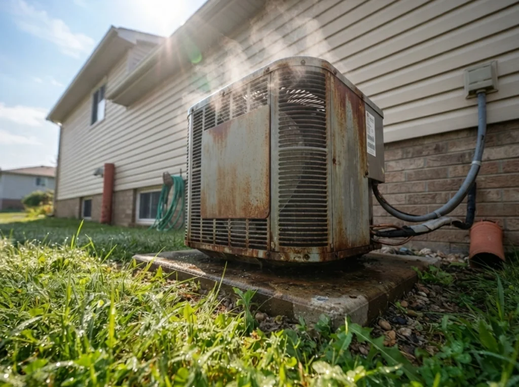 An older AC condenser unit on the side of a home.