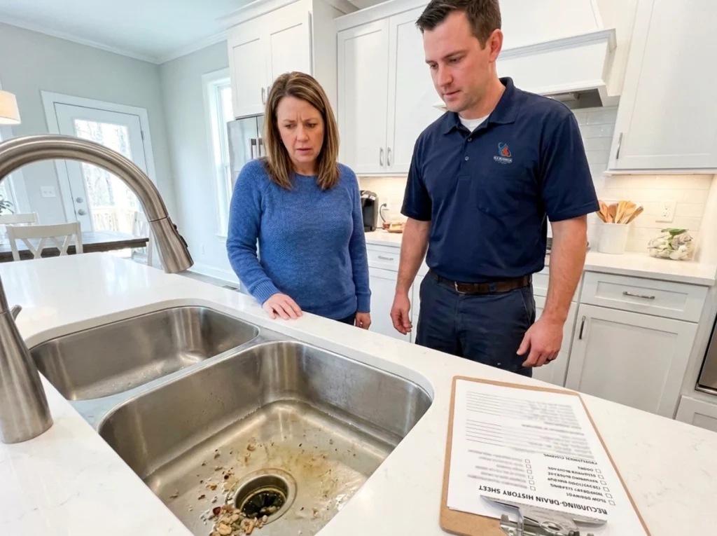 Alpharetta homeowner reviewing a recurring slow kitchen drain with an H and H plumber