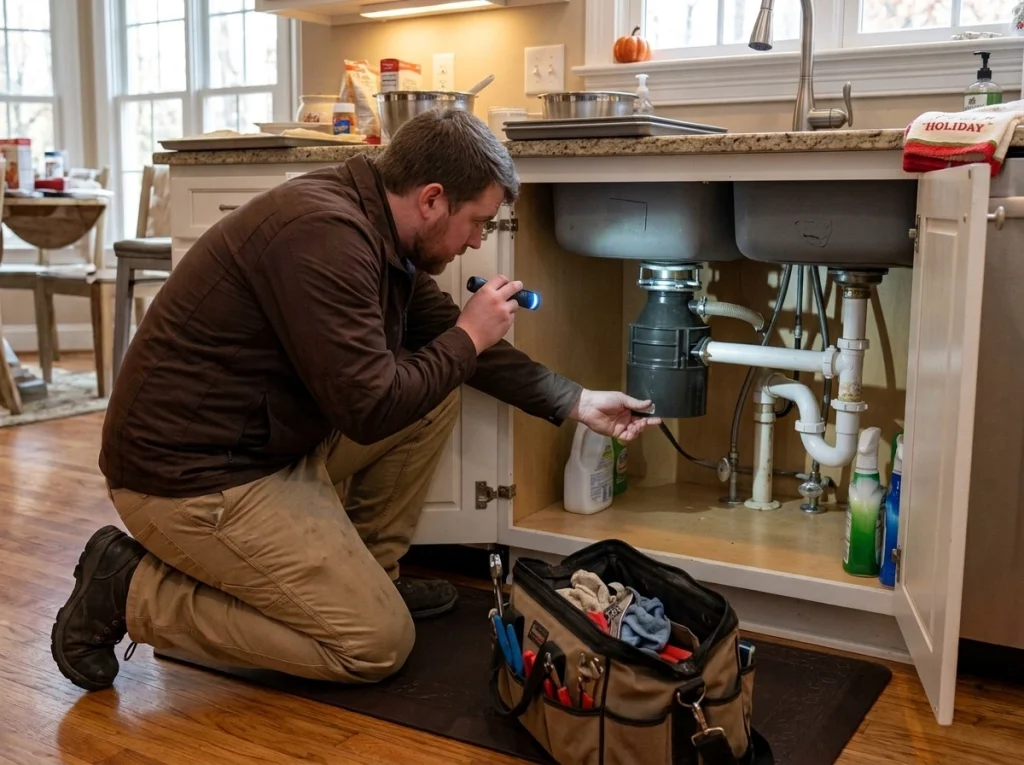 Plumber inspecting kitchen sink plumbing before holiday gatherings in Atlanta