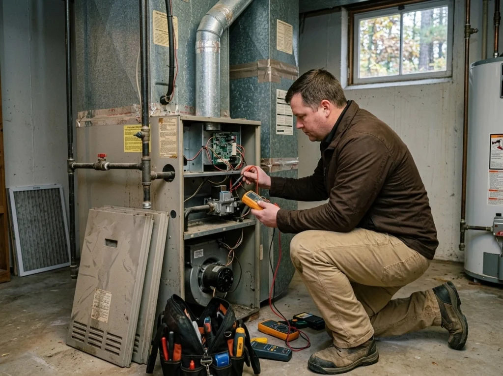 HVAC technician evaluating old furnace before winter in Alpharetta GA